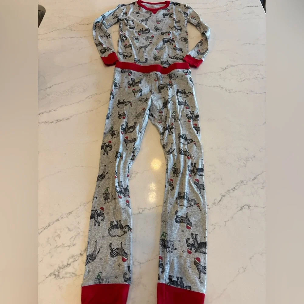 Kids Grey Animal Print Pajama Set with Red Trim